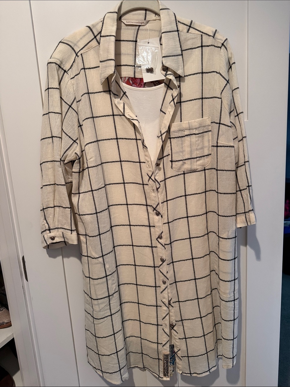 Soft Surroundings Cream Windowpane Button-Front Tunic